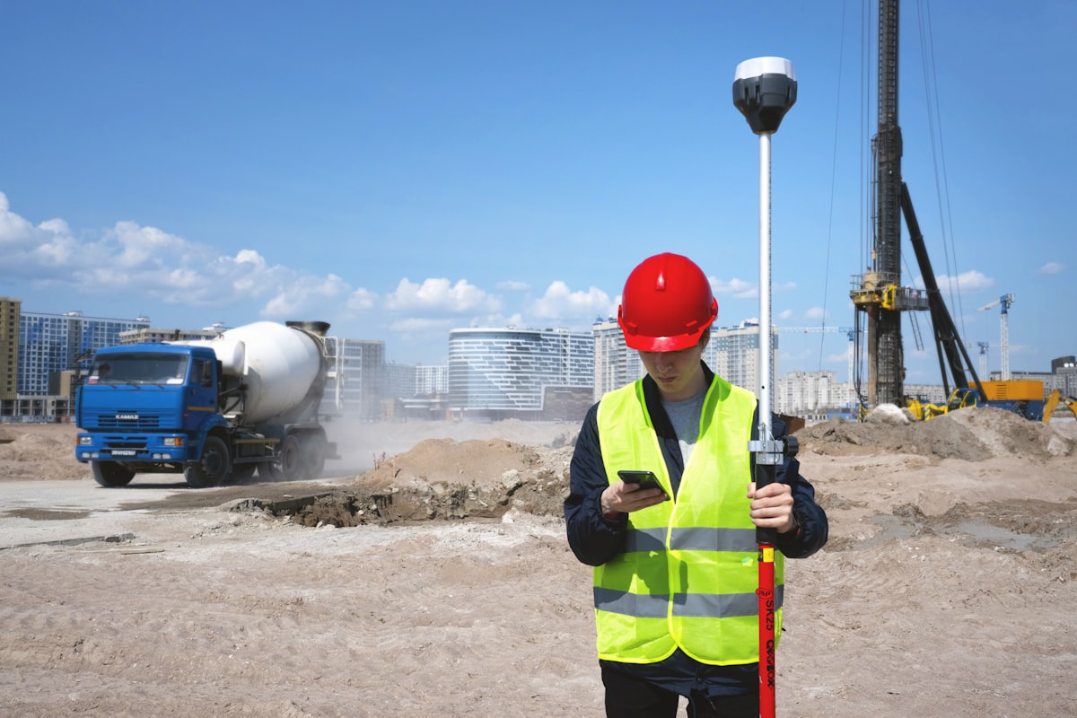 A worker in a hi-vis vest and hard hat holding a mobile device on an active site.
